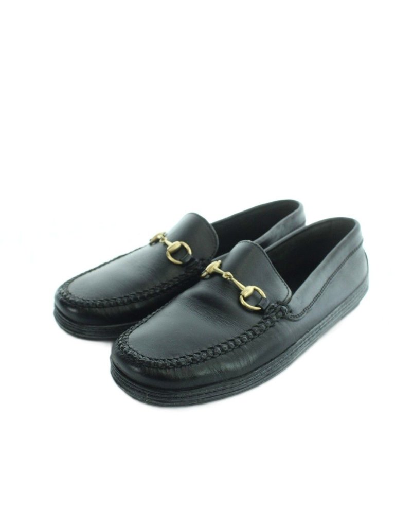 Gucci Loafers Leather Horsebit Square Toe Logo 6.5 Black